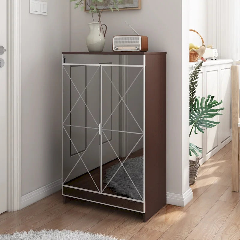 Meuble miroir avec bordure argentée, Meuble miroir de rangement à double porte, Armoire à chaussures