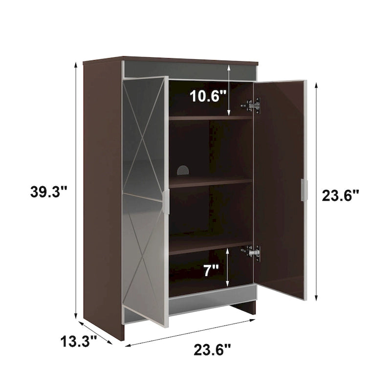 Meuble miroir avec bordure argentée, Meuble miroir de rangement à double porte, Armoire à chaussures