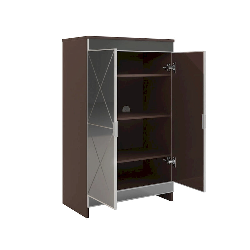 Meuble miroir avec bordure argentée, Meuble miroir de rangement à double porte, Armoire à chaussures