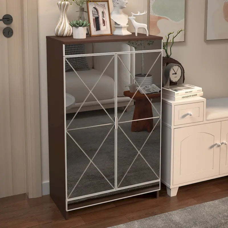 Meuble miroir avec bordure argentée, Meuble miroir de rangement à double porte, Armoire à chaussures