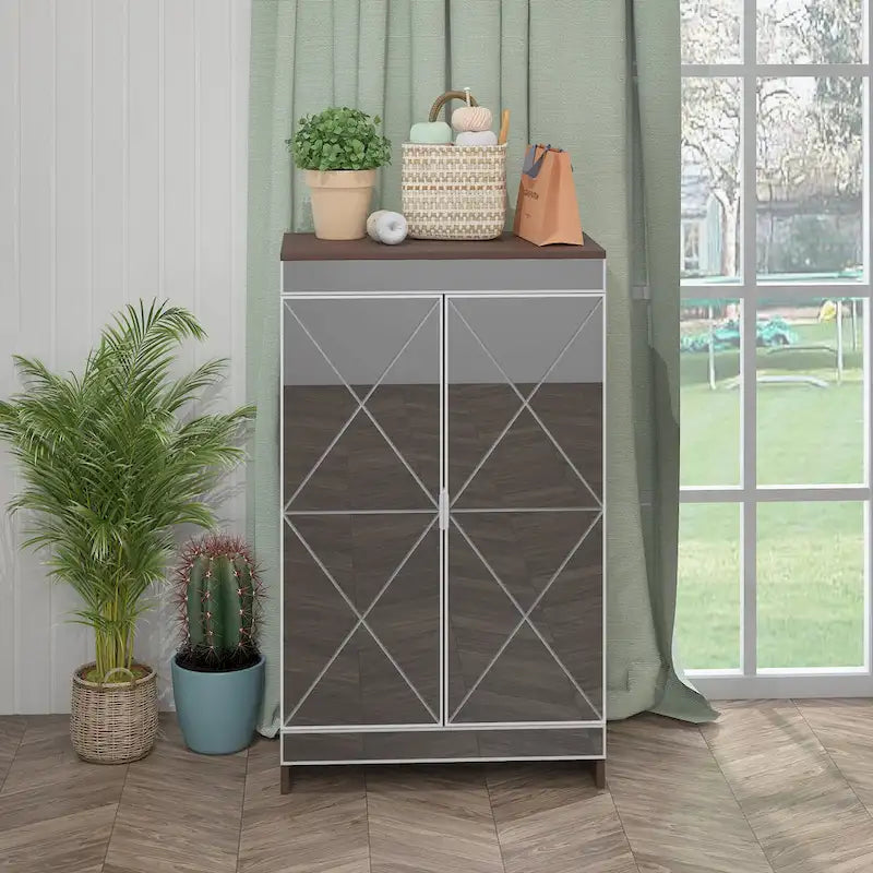 Meuble miroir avec bordure argentée, Meuble miroir de rangement à double porte, Armoire à chaussures