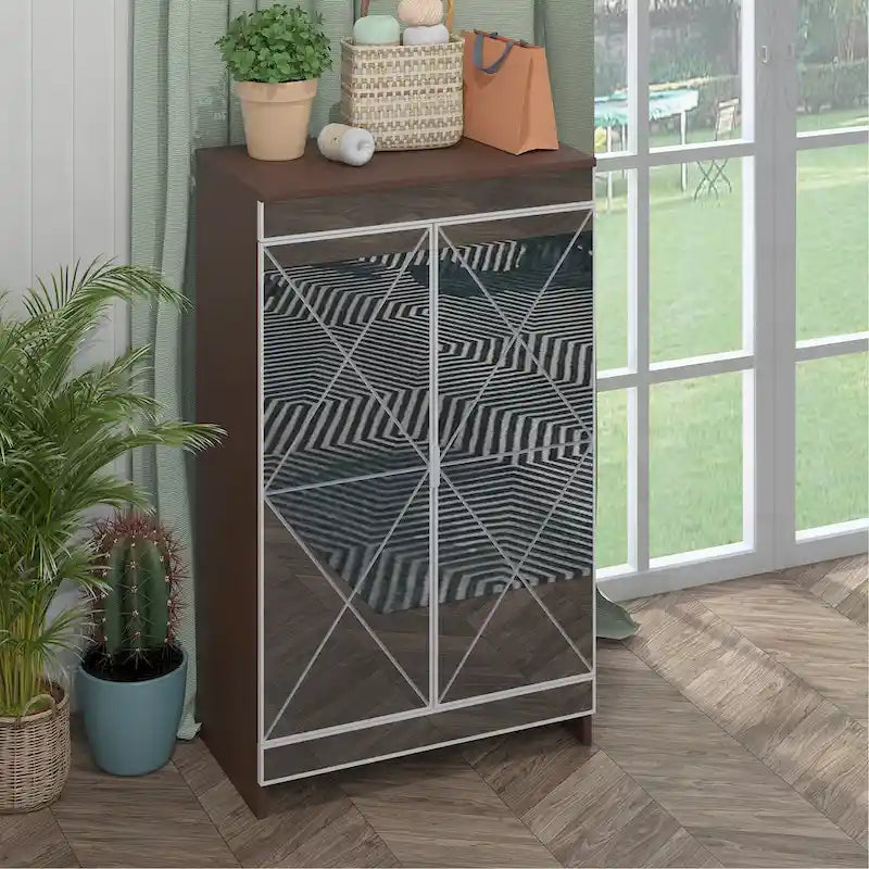Meuble miroir avec bordure argentée, Meuble miroir de rangement à double porte, Armoire à chaussures