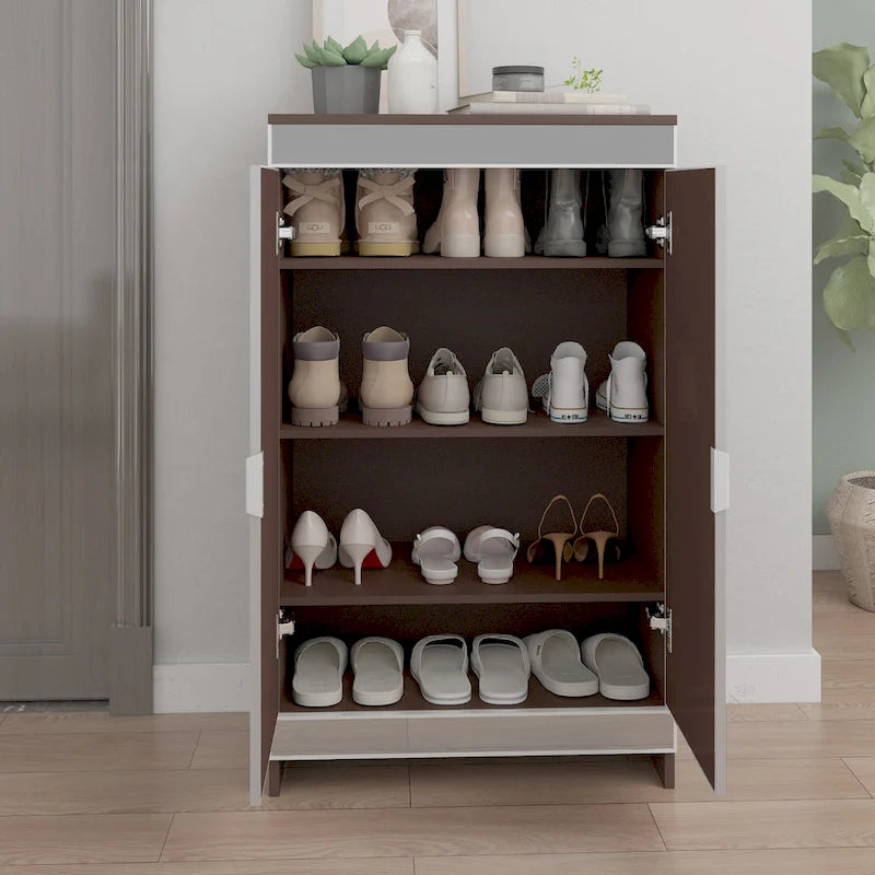 Meuble miroir avec bordure argentée, Meuble miroir de rangement à double porte, Armoire à chaussures