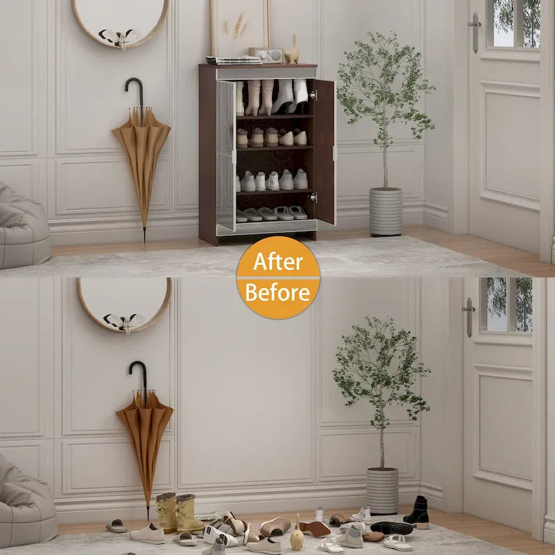 Meuble miroir avec bordure argentée, Meuble miroir de rangement à double porte, Armoire à chaussures