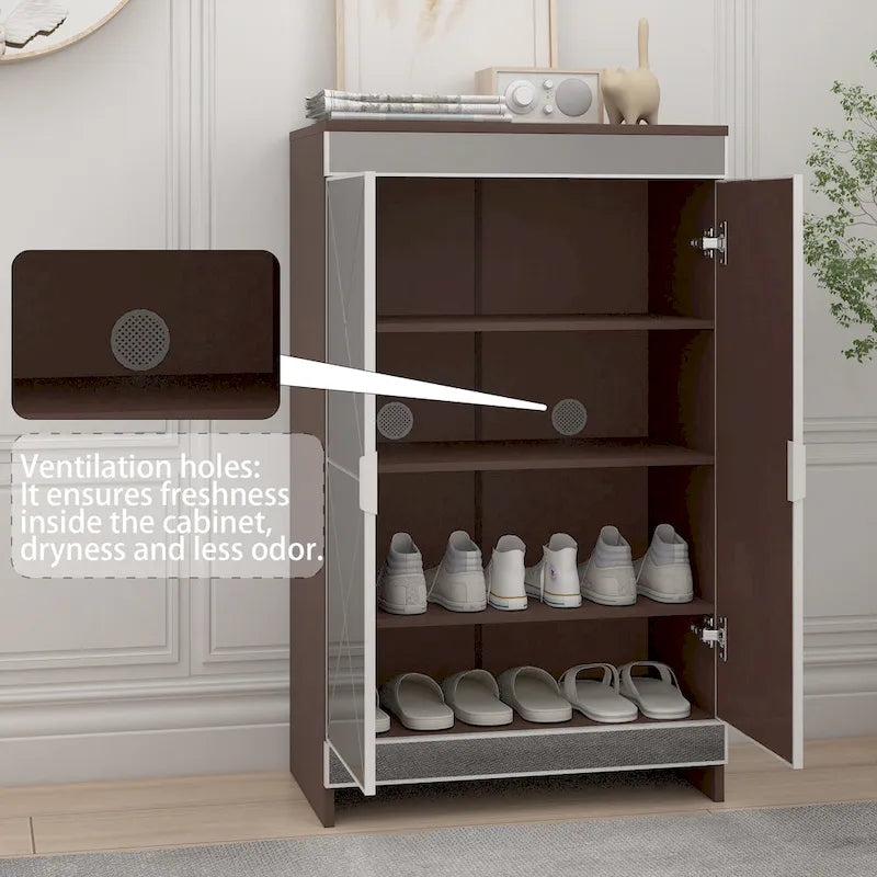 Meuble miroir avec bordure argentée, Meuble miroir de rangement à double porte, Armoire à chaussures