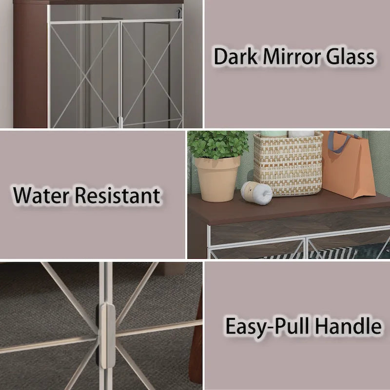 Meuble miroir avec bordure argentée, Meuble miroir de rangement à double porte, Armoire à chaussures