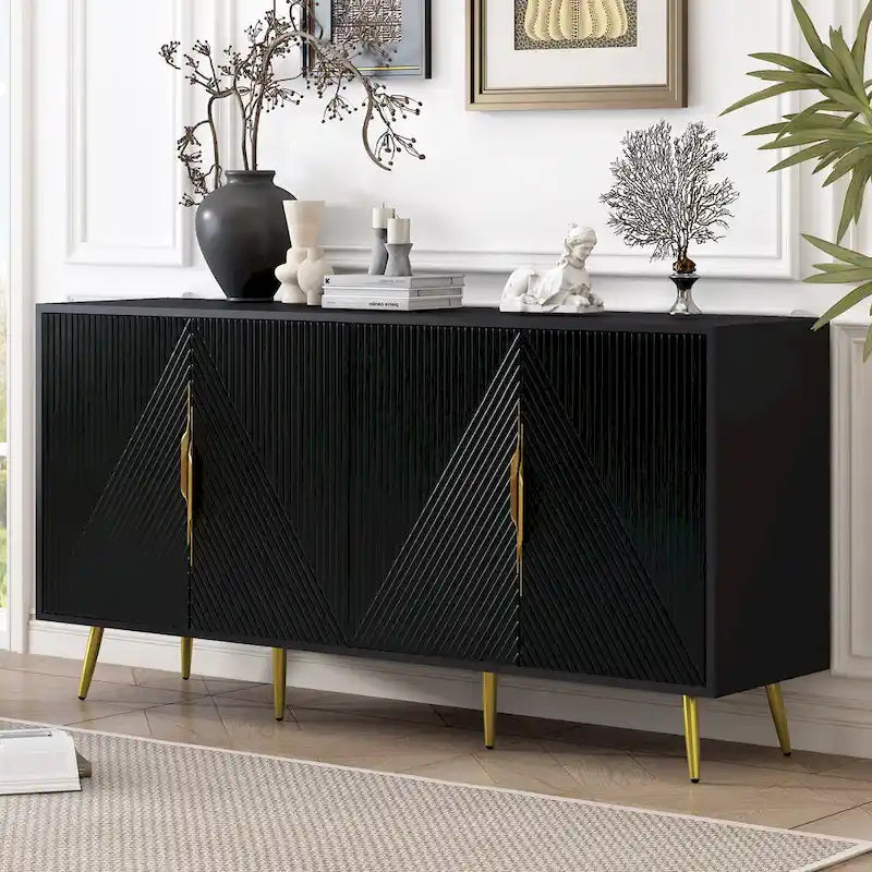 Bahut élégant avec motif géométrique en forme de vague, pieds coniques, réglable, idéal pour le bureau, l'entrée et le salon