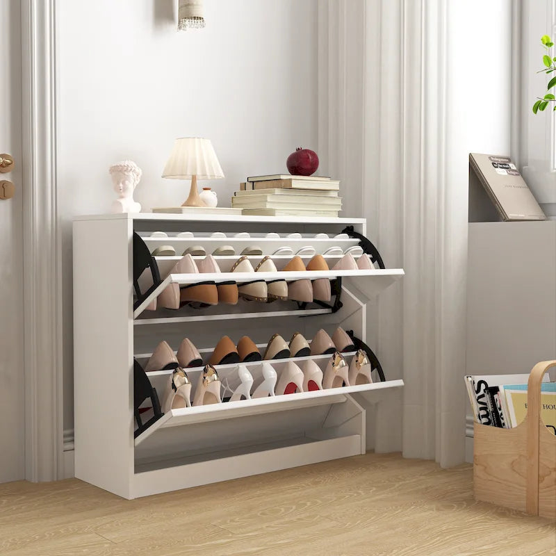 Meuble à Chaussures à 2 Niveaux avec Tiroirs pour Entrée, Chambre, Meuble à Chaussures à Porte Basculante