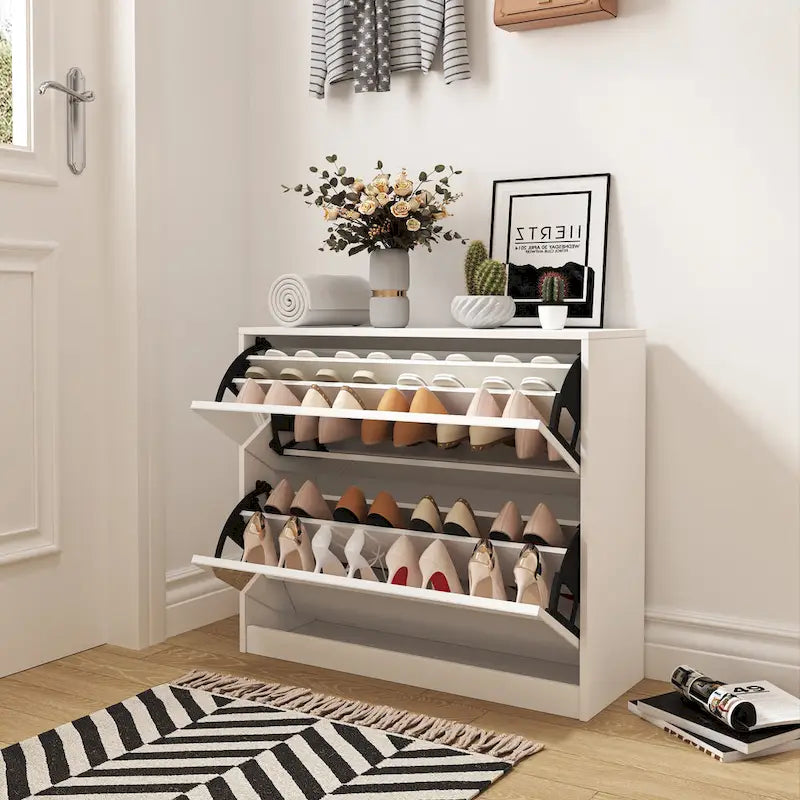Meuble à Chaussures à 2 Niveaux avec Tiroirs pour Entrée, Chambre, Meuble à Chaussures à Porte Basculante