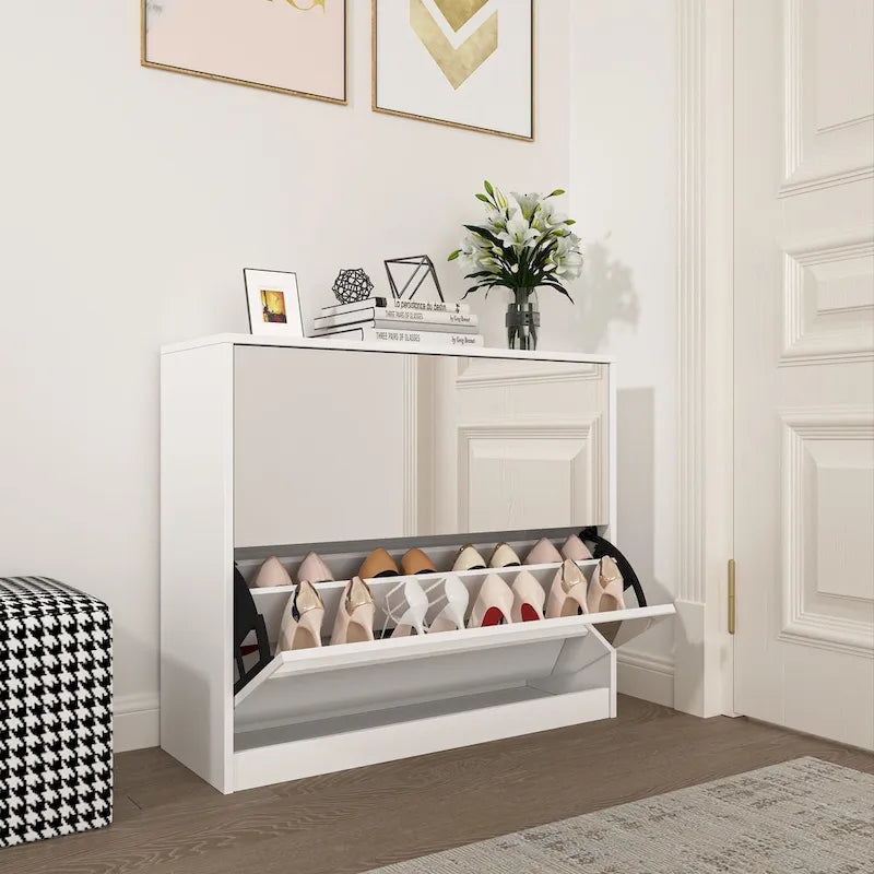 Meuble à Chaussures à 2 Niveaux avec Tiroirs pour Entrée, Chambre, Meuble à Chaussures à Porte Basculante