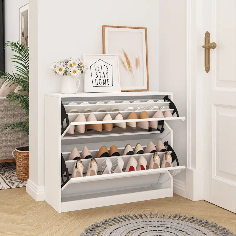 Meuble à Chaussures à 2 Niveaux avec Tiroirs pour Entrée, Chambre, Meuble à Chaussures à Porte Basculante
