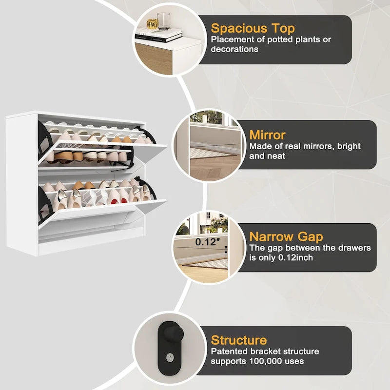 Meuble à Chaussures à 2 Niveaux avec Tiroirs pour Entrée, Chambre, Meuble à Chaussures à Porte Basculante