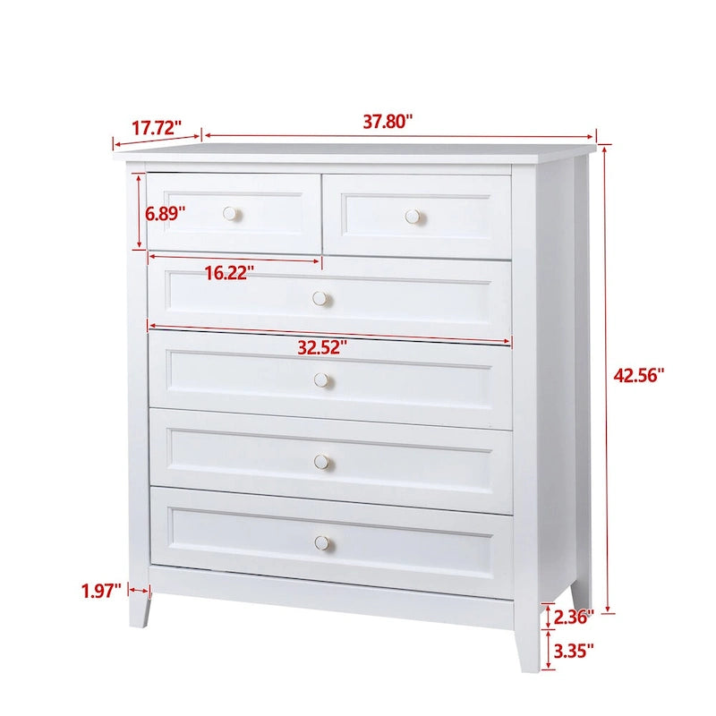 Meuble d'appoint moderne de 109 cm en bois massif avec 6 tiroirs et poignées rondes rétro