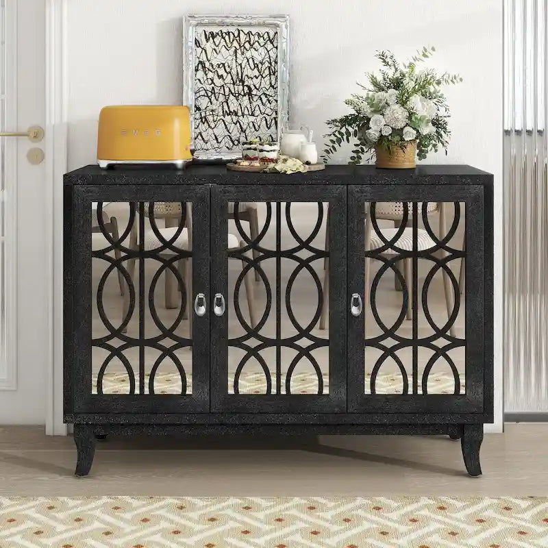 Sideboard with Glass Doors, 3 Door Mirrored Buffet Cabinet with Silver Handle - N/A