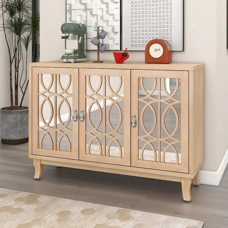 Sideboard with Glass Doors, 3 Door Mirrored Buffet Cabinet with Silver Handle - N/A