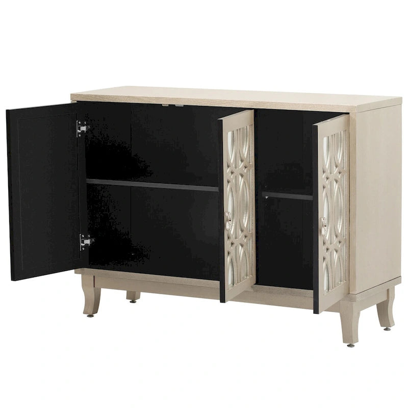 Buffet avec portes en verre, buffet miroir à 3 portes avec poignée argentée - N/A