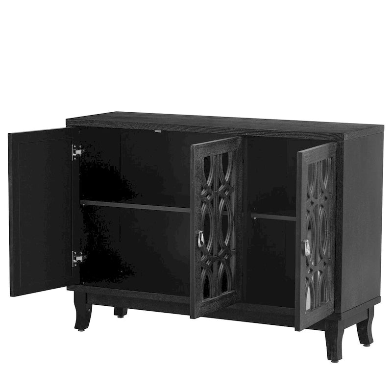 Buffet avec portes en verre, buffet miroir à 3 portes avec poignée argentée - N/A