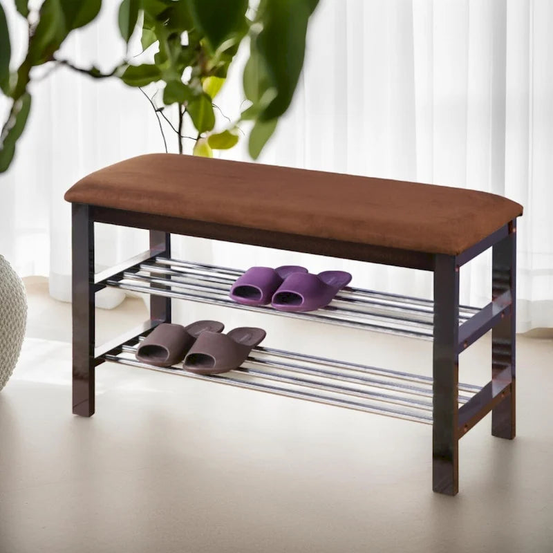 Banc à chaussures en bois avec siège en microfibre couleur chocolat, Espresso