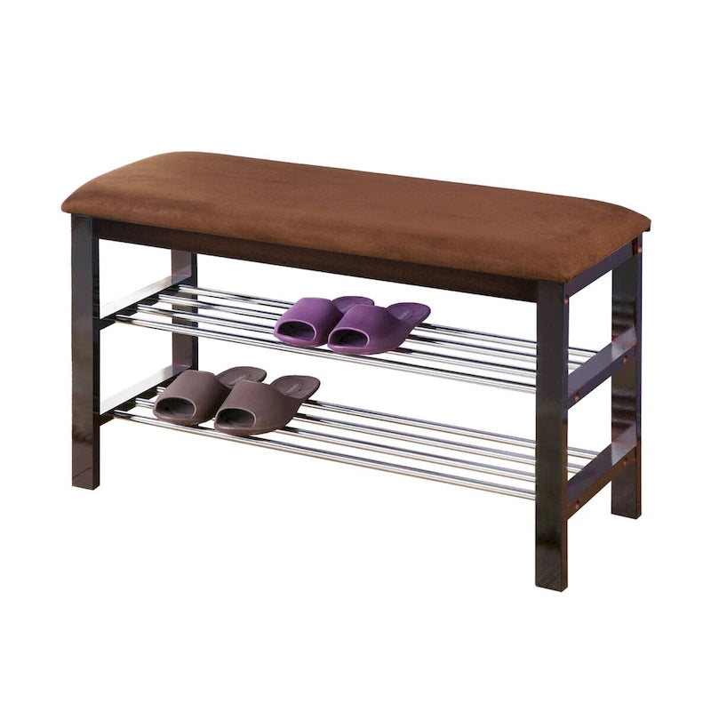 Banc à chaussures en bois avec siège en microfibre couleur chocolat, Espresso
