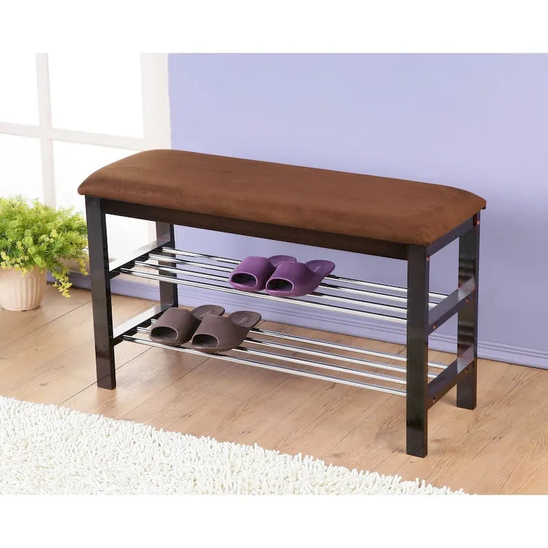 Banc à chaussures en bois avec siège en microfibre couleur chocolat, Espresso