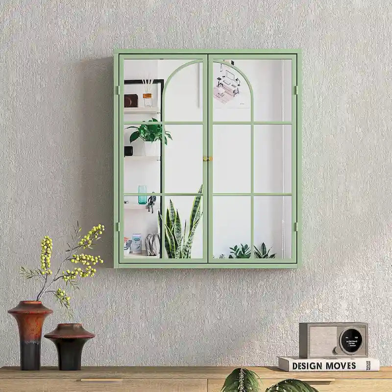 23.62 Armoire murale vintage à deux portes avec miroir, espace de rangement à trois niveaux pour entrée, salon, salle de bain, salle à manger, vert
