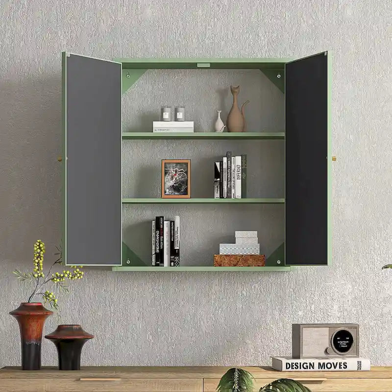 23.62 Armoire murale vintage à deux portes avec miroir, espace de rangement à trois niveaux pour entrée, salon, salle de bain, salle à manger, vert