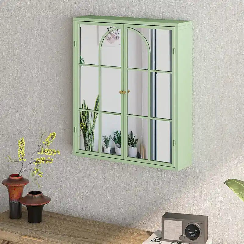 23.62 Armoire murale vintage à deux portes avec miroir, espace de rangement à trois niveaux pour entrée, salon, salle de bain, salle à manger, vert
