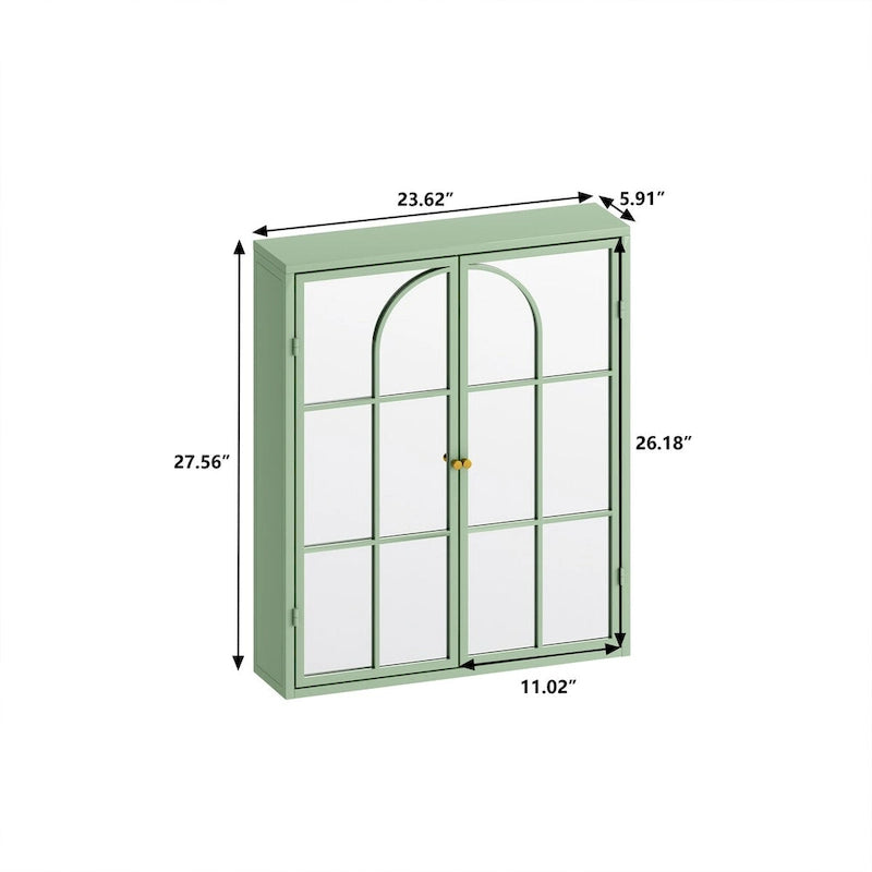 23.62 Armoire murale vintage à deux portes avec miroir, espace de rangement à trois niveaux pour entrée, salon, salle de bain, salle à manger, vert