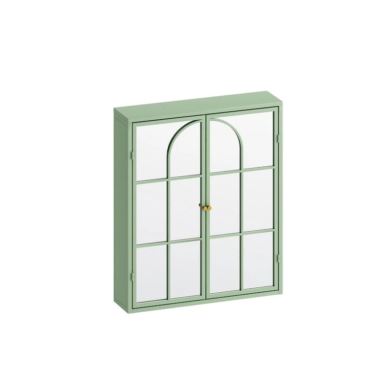 23.62 Armoire murale vintage à deux portes avec miroir, espace de rangement à trois niveaux pour entrée, salon, salle de bain, salle à manger, vert