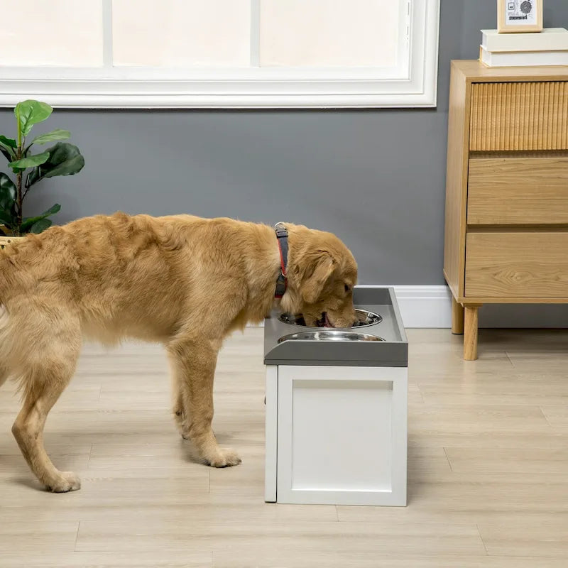 Garde-manger pour chien avec tiroir de rangement, meuble de rangement pour croquettes avec 2 gamelles surélevées amovibles pour grands chiens