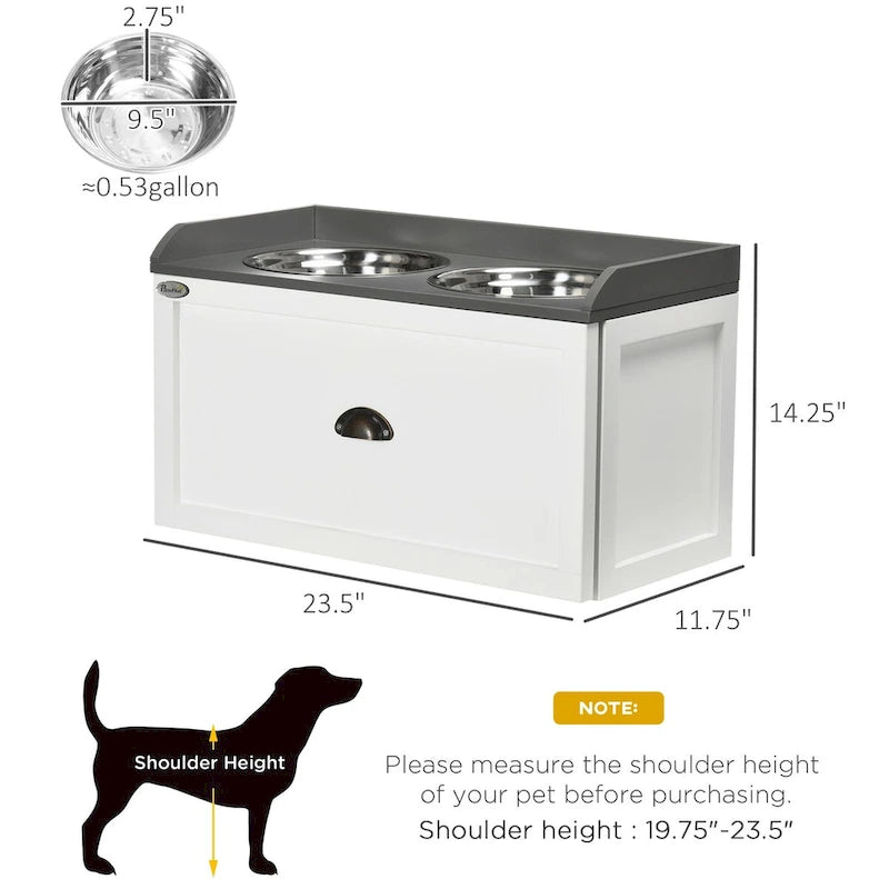 Garde-manger pour chien avec tiroir de rangement, meuble de rangement pour croquettes avec 2 gamelles surélevées amovibles pour grands chiens