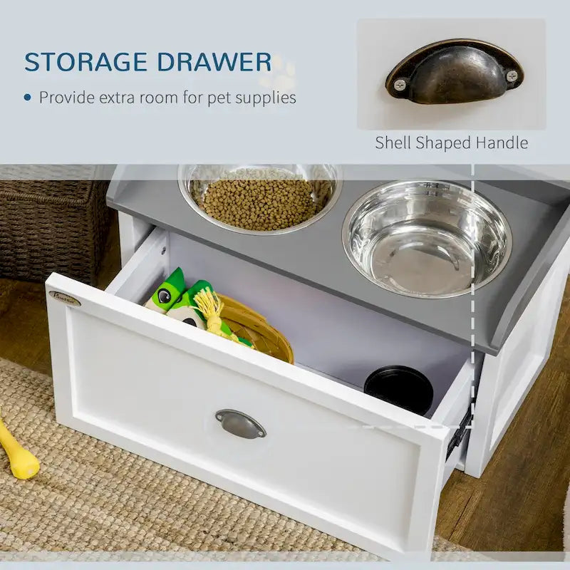 Garde-manger pour chien avec tiroir de rangement, meuble de rangement pour croquettes avec 2 gamelles surélevées amovibles pour grands chiens