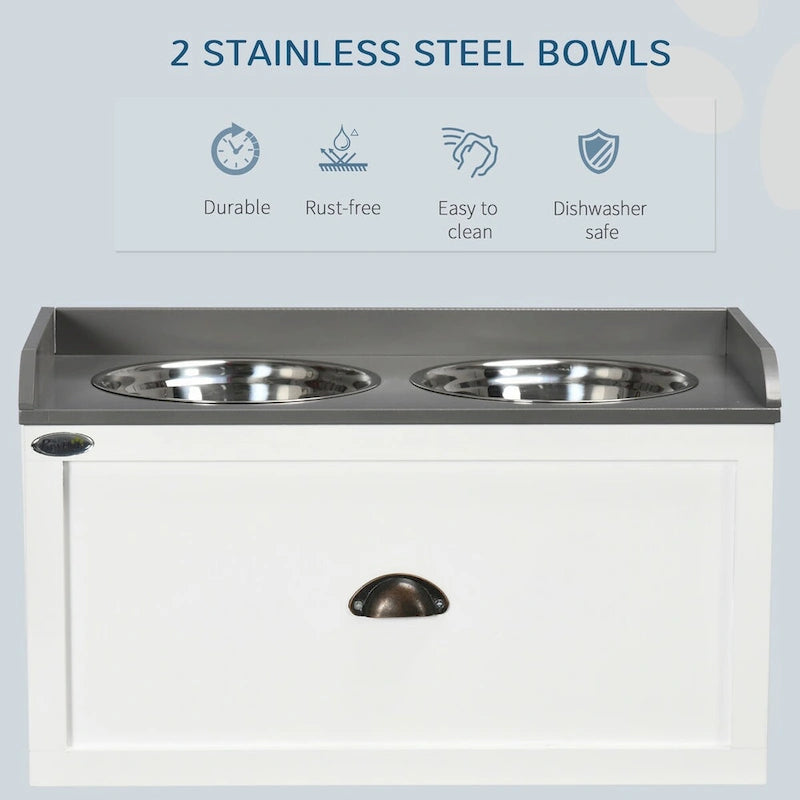 Garde-manger pour chien avec tiroir de rangement, meuble de rangement pour croquettes avec 2 gamelles surélevées amovibles pour grands chiens