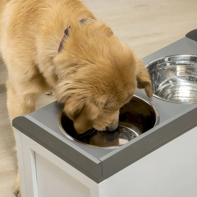 Garde-manger pour chien avec tiroir de rangement, meuble de rangement pour croquettes avec 2 gamelles surélevées amovibles pour grands chiens