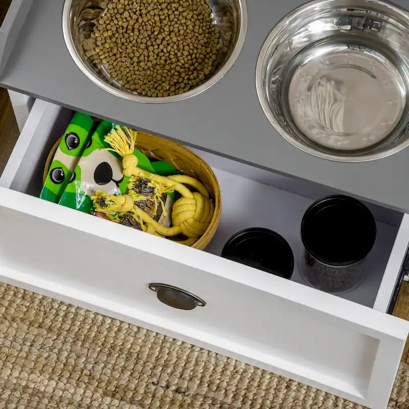 Garde-manger pour chien avec tiroir de rangement, meuble de rangement pour croquettes avec 2 gamelles surélevées amovibles pour grands chiens