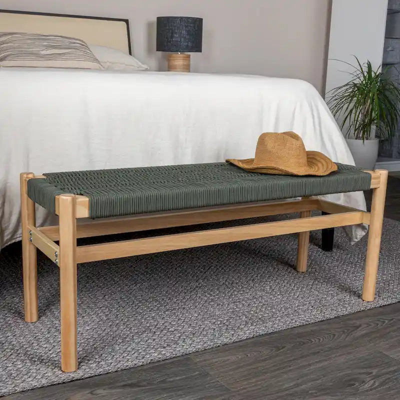 Banc d'entrée en bois massif et corde tressée - 43,3L x 15,0l x 18,0H