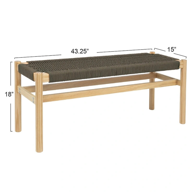 Banc d'entrée en bois massif et corde tressée - 43,3L x 15,0l x 18,0H