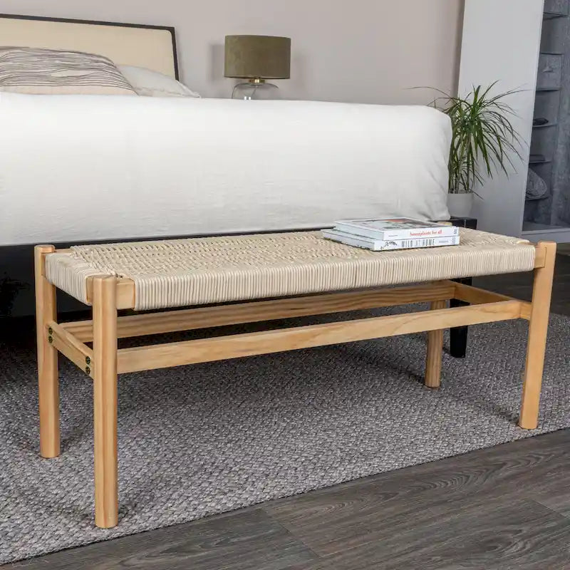 Banc d'entrée en bois massif et corde tressée - 43,3L x 15,0l x 18,0H