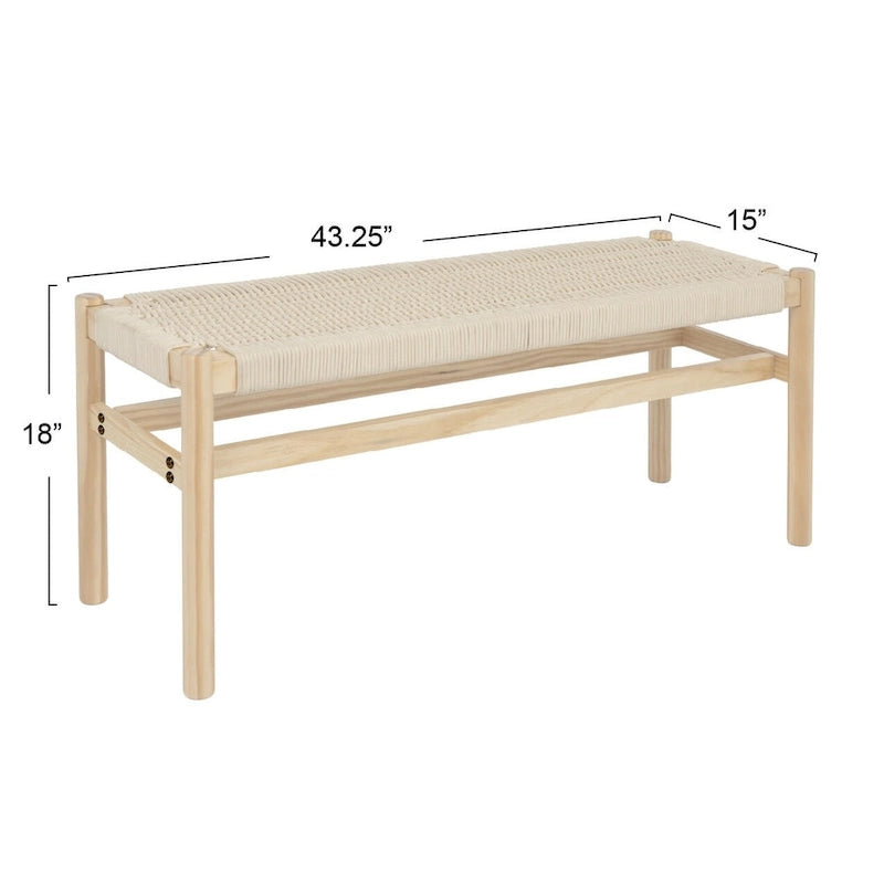 Banc d'entrée en bois massif et corde tressée - 43,3L x 15,0l x 18,0H