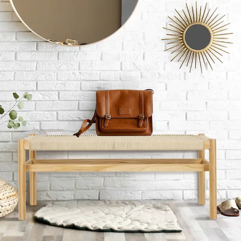 Banc d'entrée en bois massif et corde tressée - 43,3L x 15,0l x 18,0H