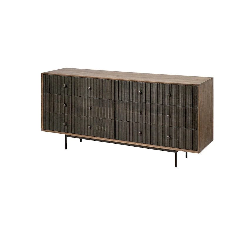 Buffet marron bicolore en bois massif à 6 tiroirs – 70,0L x 18,0W x 31,0H
