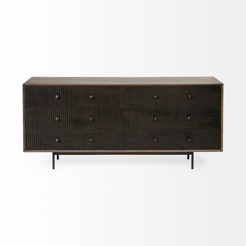 Buffet marron bicolore en bois massif à 6 tiroirs – 70,0L x 18,0W x 31,0H