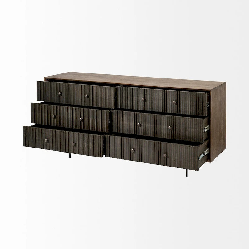 Buffet marron bicolore en bois massif à 6 tiroirs – 70,0L x 18,0W x 31,0H