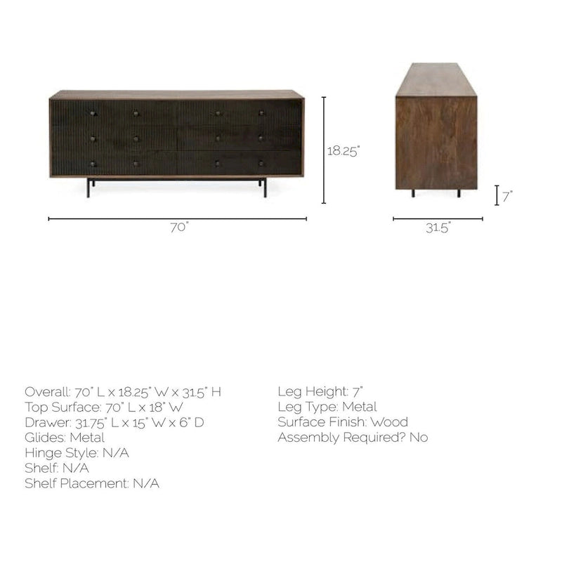 Buffet marron bicolore en bois massif à 6 tiroirs – 70,0L x 18,0W x 31,0H