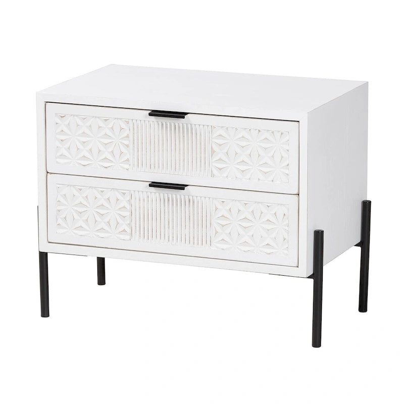 Meuble de rangement double tiroir en bois finition blanc vieilli et métal noir