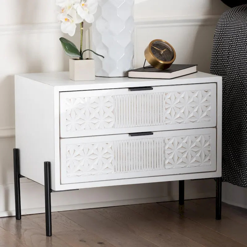 Merryn Mid-Century Transitional Distressed White Finished Wood and Black Metal 2-Drawer Storage Cabinet