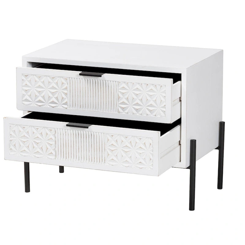 Meuble de rangement double tiroir en bois finition blanc vieilli et métal noir