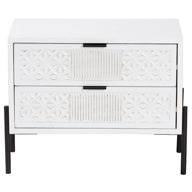 Distressed white finish wood and black metal double drawer storage cabinet
