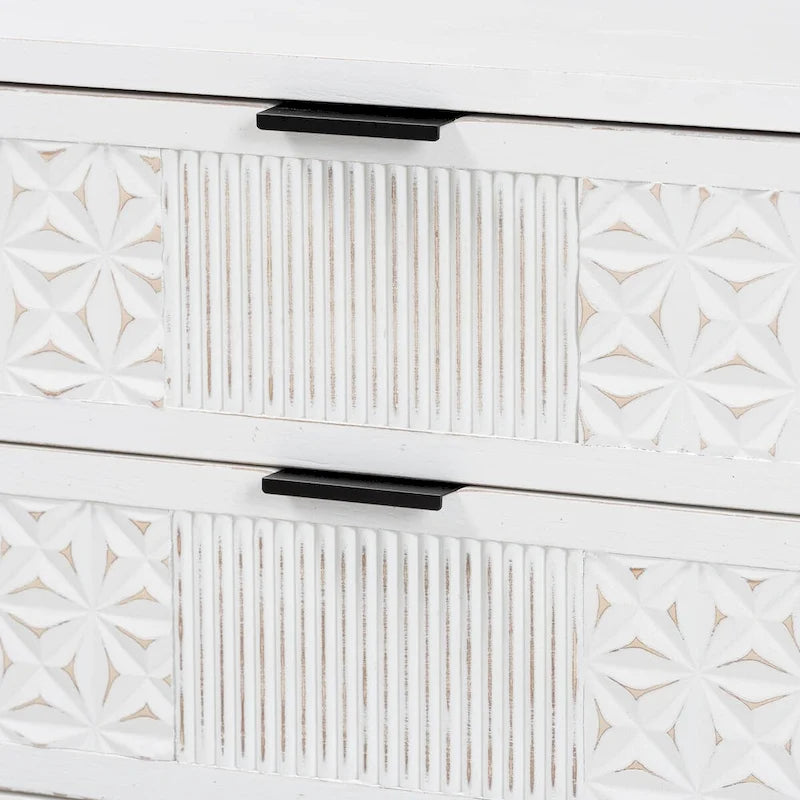Meuble de rangement double tiroir en bois finition blanc vieilli et métal noir
