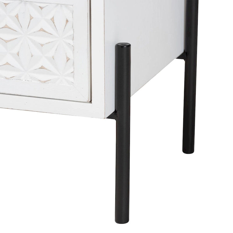 Meuble de rangement double tiroir en bois finition blanc vieilli et métal noir